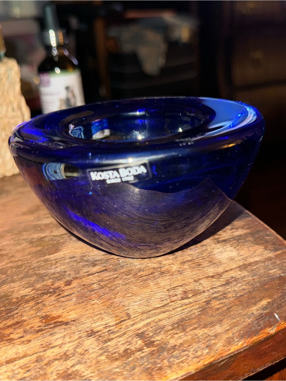 Kosta Boda Cobalt Blue Sculptural Glass Bowl Candle Tea light Holder Sweden
